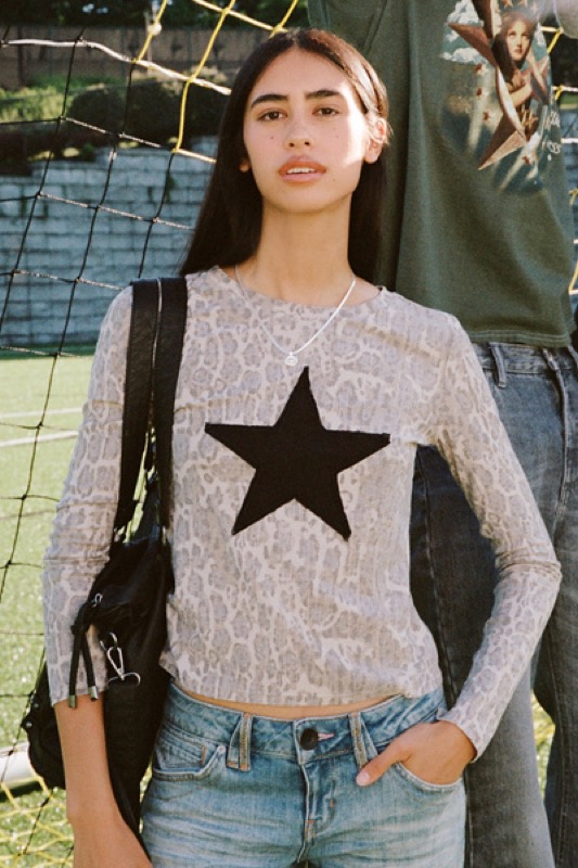 BDG Star Applique Leopard Print Long Sleeve Tee