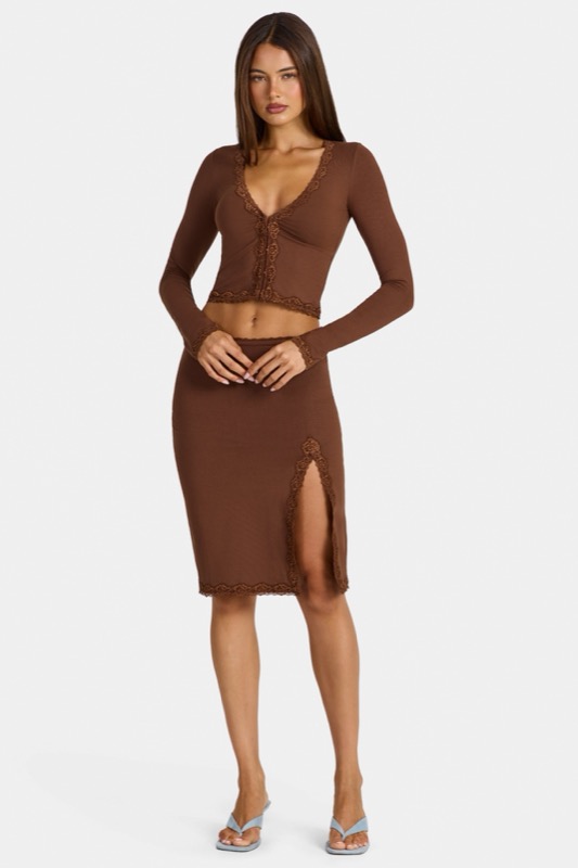 Modal Lace-Trim Low-Rise Midi Skirt in Cocoa Brown