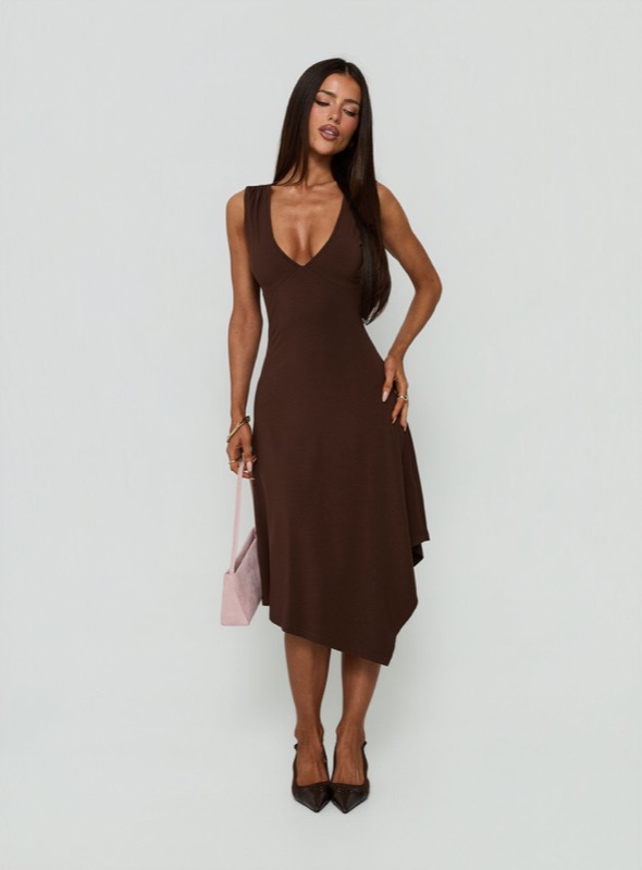 Louisia V Neck Hanky Hem Midi Dress Brown