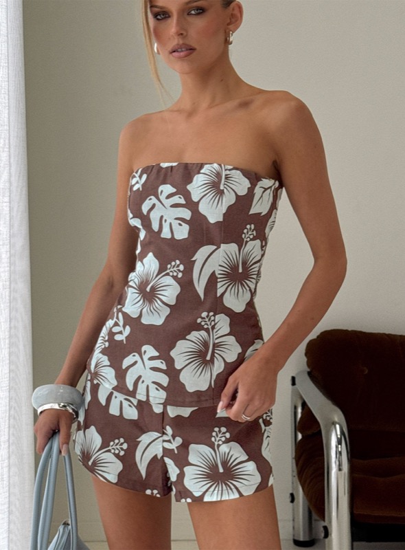 Kallee Strapless Top Brown / Blue Floral