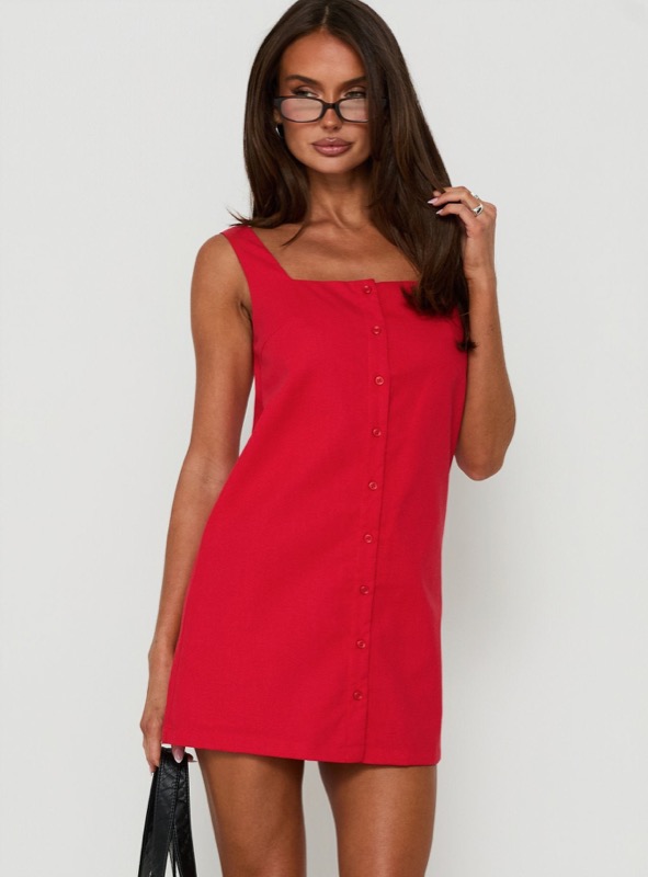 Tassia Square Neck Button Front Mini Dress Red