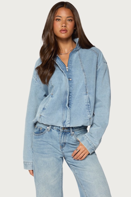 Jaysi High Neck Denim Bomber Jacket