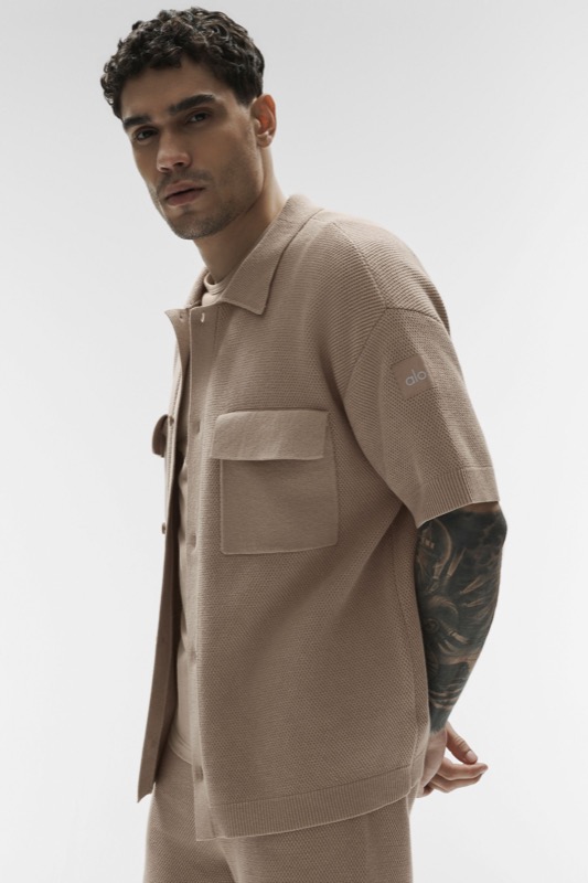 Sports Club Sweater Knit Short Sleeve Button Up