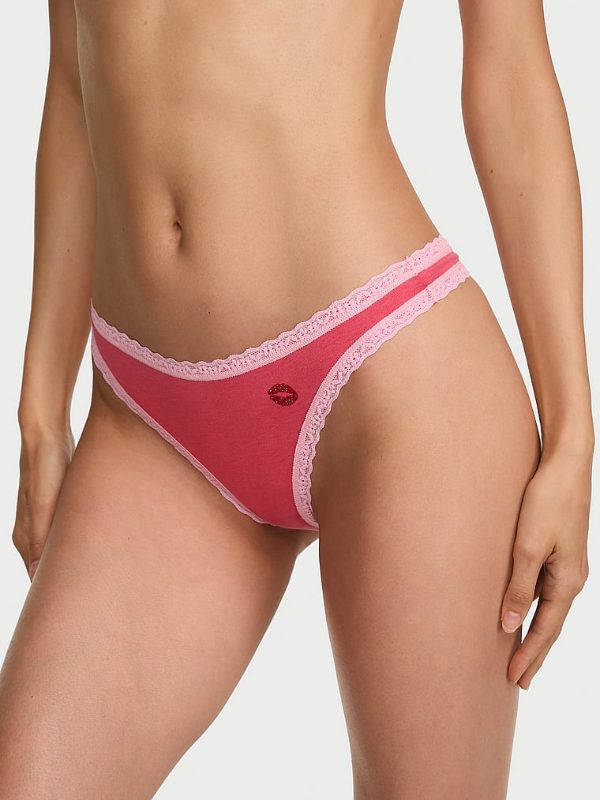 Lace Trim Cotton Lace-Waist Thong